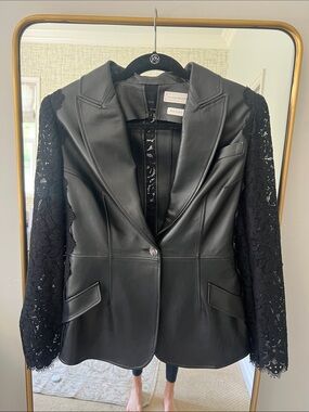 Alexander McQueen Black Leather Blazer with Lace Sleeves